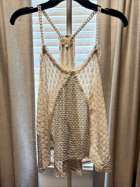 Mystree Open Knit Crochet Tank Top in Cream Size Medium